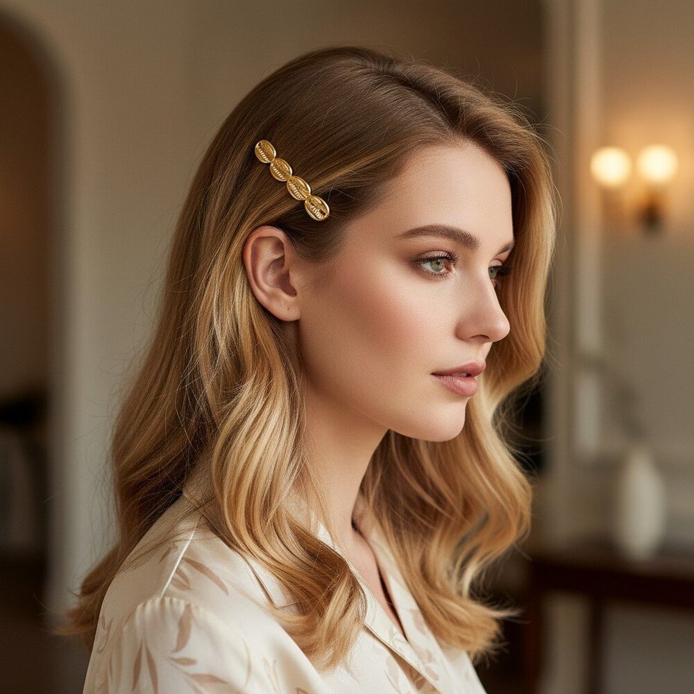18K Gold Plated Stainless Steel Shell Barrette Minimalist Coastal Hair Bobby Pin - Picture 2 of 4
